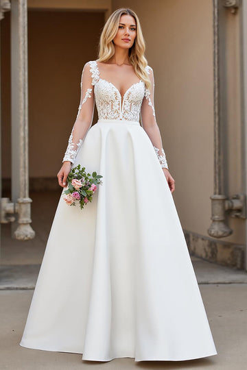 A Line Court Train Satin Ivory Wedding Dress with Lace Appliques